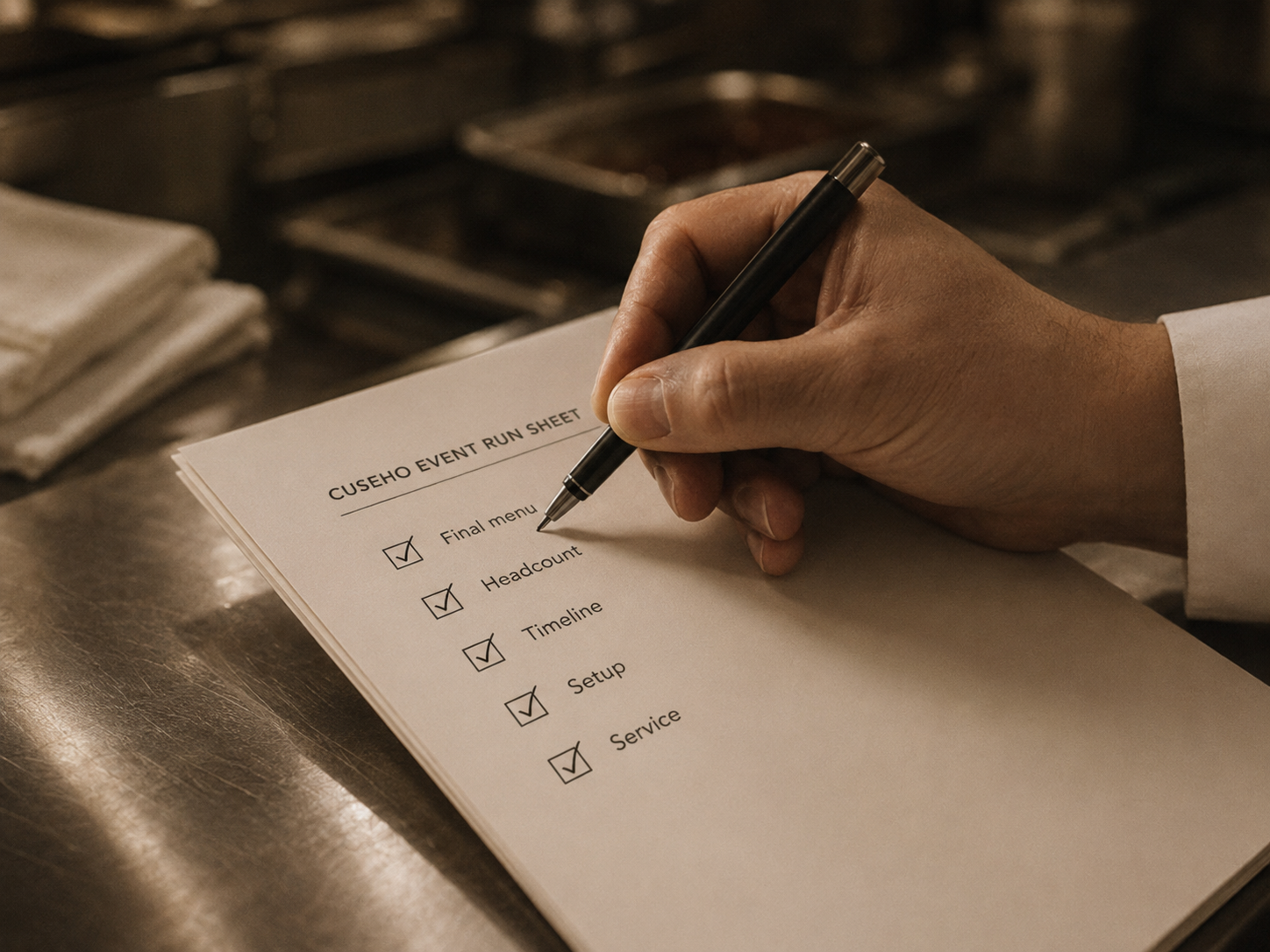 A hand ticking off the Cuseho event run sheet in a professional kitchen