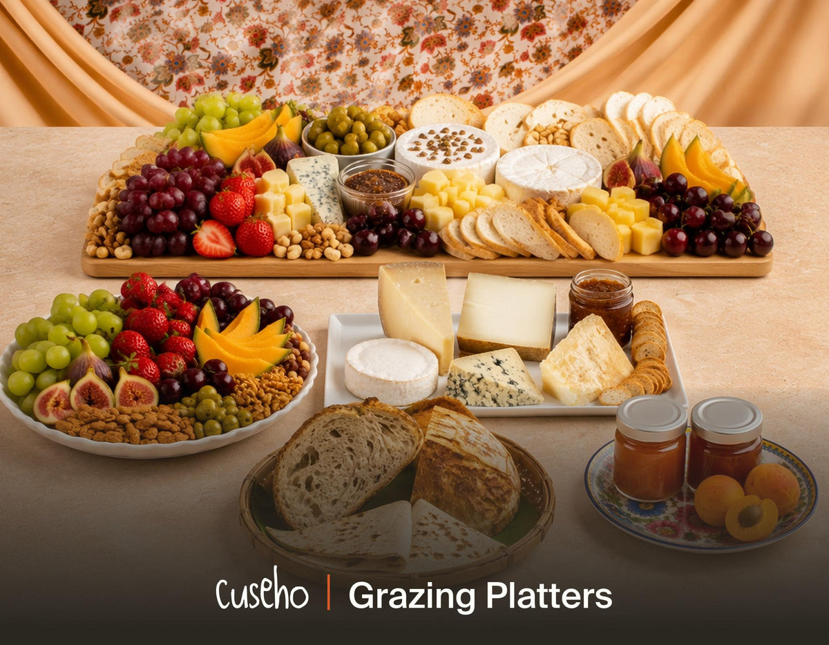 Artisanal grazing spread with cheese platter, breads, jams and fresh fruit. Cuseho grazing tables and platters catering, Singapore