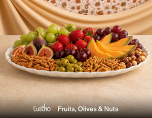 Fresh platter of grapes, figs, melon, strawberries, cherries, olives and nuts. Cuseho grazing tables and platters catering, Singapore