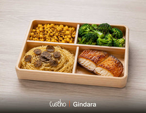 Gindara bento in a wooden box with honey soy black cod, truffle capellini, smoked garlic corn and kombu butter broccoli. Cuseho Asian fusion bento catering, Singapore