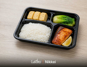 Nikkei bento box with saikyo miso salmon, Japanese pearl rice, shoyu butter bok choy and tamagoyaki. Cuseho Asian fusion bento catering, Singapore