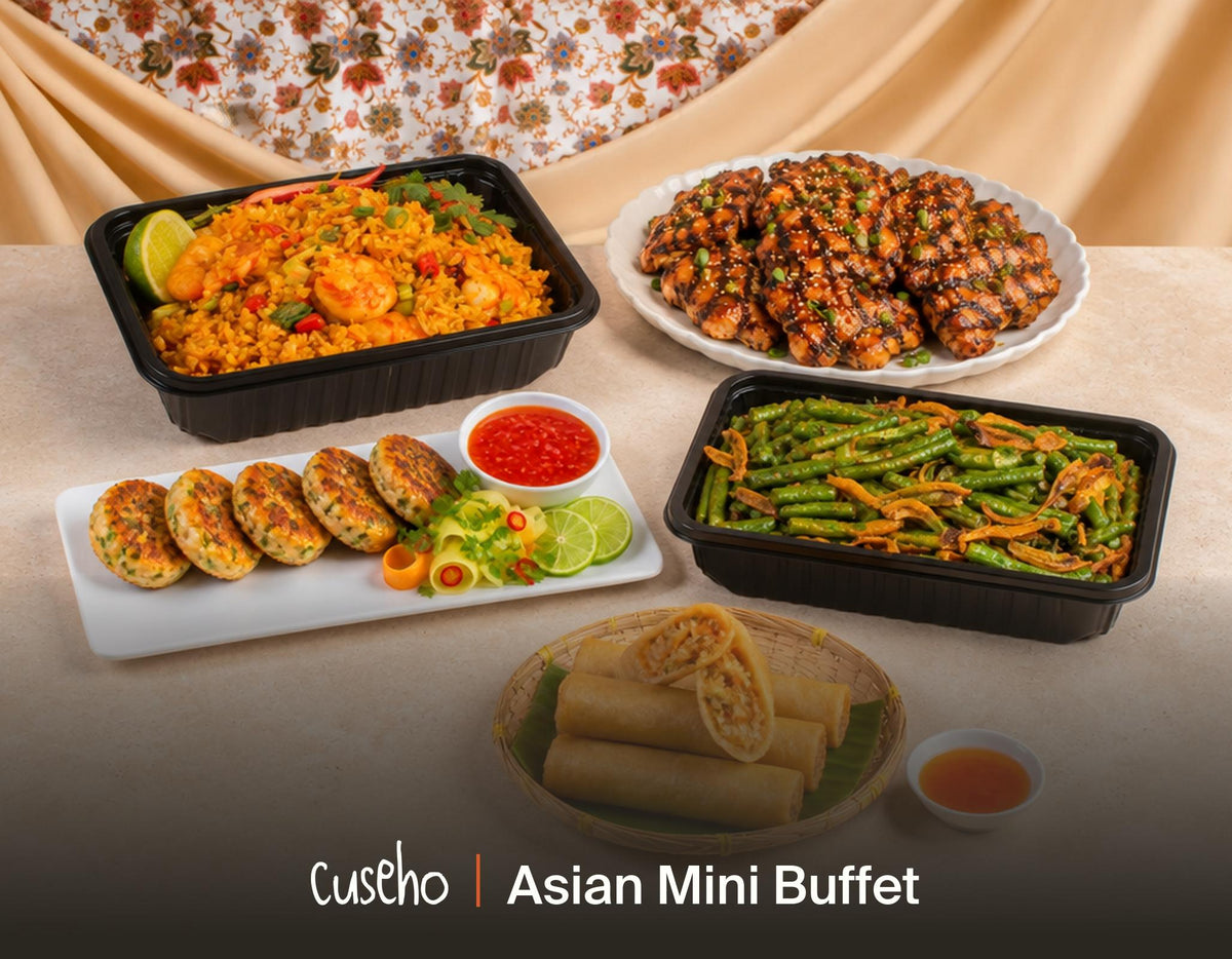 Asian fusion mini buffet spread with fried rice, teriyaki chicken, fish cakes, long beans and spring rolls. Cuseho mini buffet catering, Singapore