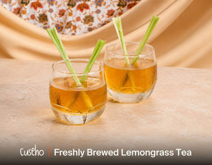 Iced lemongrass tea with fresh lemongrass stalks in chilled glasses. Cuseho Asian fusion mini buffet catering, Singapore