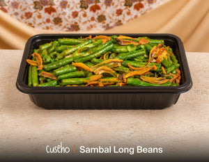 Sambal long beans with crispy silver fish in a black catering tray. Cuseho Asian fusion mini buffet catering, Singapore