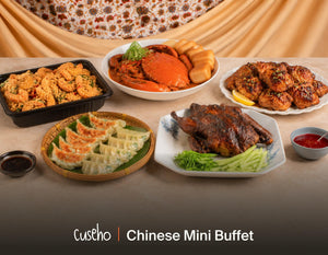 Chinese fusion mini buffet spread with gyoza, roasted duck, chilli crab, cereal prawns and chicken. Cuseho mini buffet catering, Singapore