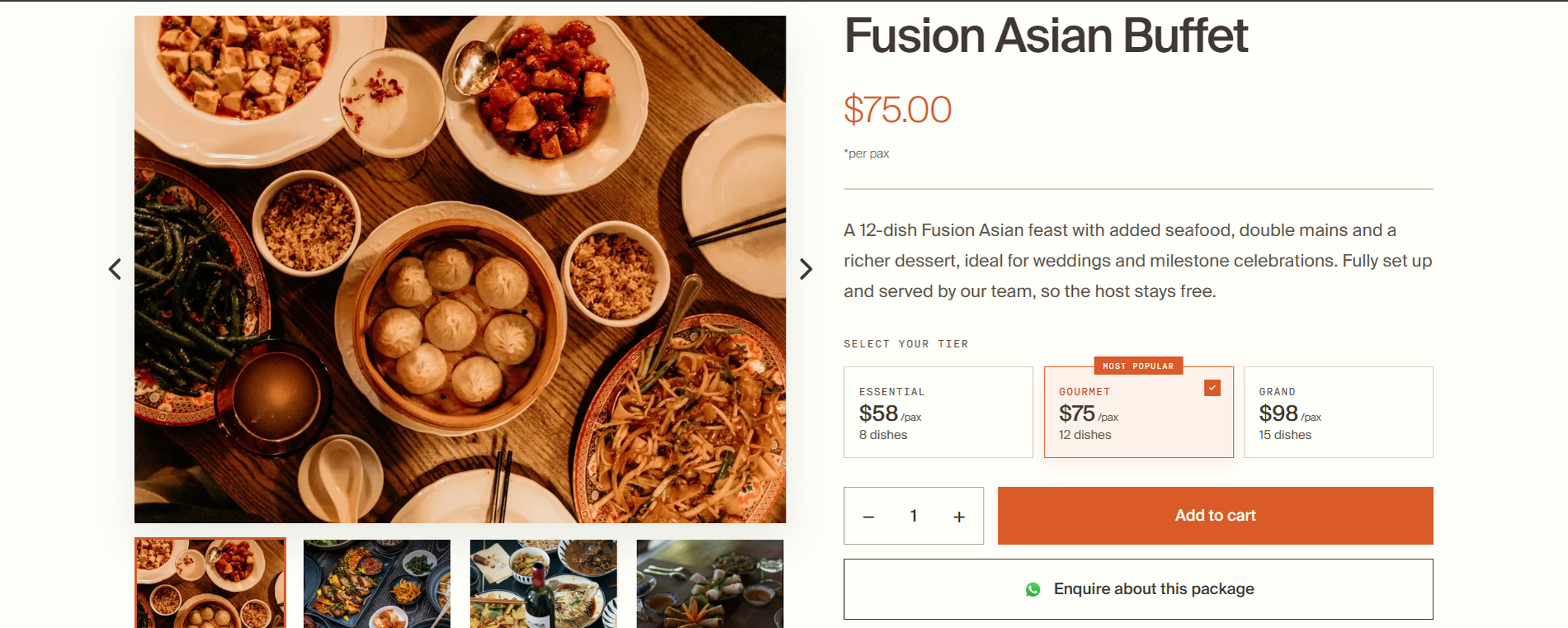 Cuseho buffet product page with tier options and an Add to cart button