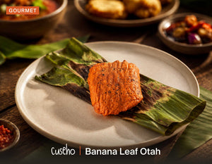 Banana Leaf Otah, spiced fish paste grilled in banana leaf, charred smoky edges. Cuseho Local Delight buffet catering, Singapore