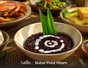 Bubur Pulut Hitam, sweet black glutinous rice porridge, coconut cream swirl, pandan leaf. Cuseho Local Delight buffet catering, Singapore