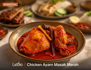 Chicken Ayam Masak Merah, chicken braised in spicy tomato chili gravy, lemongrass, dried chilies. Cuseho Local Delight buffet catering, Singapore