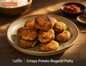 Crispy Potato Begedil Patty, golden fried spiced potato cakes, chopped coriander, sambal on the side. Cuseho Local Delight buffet catering, Singapore