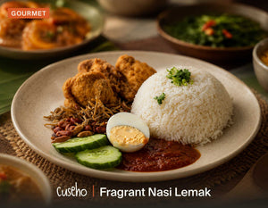 Fragrant Nasi Lemak, coconut milk rice, fried chicken, ikan bilis and peanuts, cucumber, boiled egg, sambal. Cuseho Local Delight buffet catering, Singapore