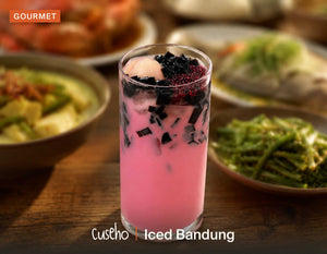 Iced Bandung, rose syrup with evaporated milk, grass jelly cubes, lychee. Cuseho Local Delight buffet catering, Singapore