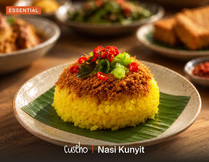 Nasi Kunyit, fragrant turmeric glutinous rice on banana leaf, spiced coconut floss, red chili. Cuseho Local Delight buffet catering, Singapore
