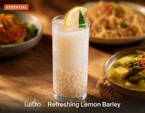 Refreshing Lemon Barley, chilled homemade brew, pearl barley, lemon wheel, pandan. Cuseho Local Delight buffet catering, Singapore