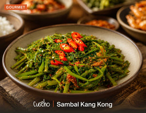 Sambal Kang Kong, stir fried water spinach, spicy shrimp paste sambal, fresh red chili. Cuseho Local Delight buffet catering, Singapore