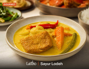 Sayur Lodeh, mixed vegetables braised in yellow coconut gravy, fried bean curd, carrot, long bean. Cuseho Local Delight buffet catering, Singapore