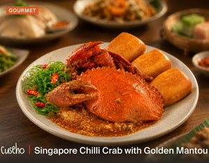 Singapore Chilli Crab with Golden Mantou, whole crab in sweet spicy chili egg gravy, deep-fried golden mantou buns. Cuseho Local Delight buffet catering, Singapore