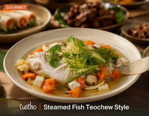 Steamed Fish Teochew Style, whole white fish steamed with tomato, silken tofu, shredded ginger, spring onion. Cuseho Local Delight buffet catering, Singapore