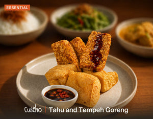 Tahu and Tempeh Goreng, fried bean curd and tempeh, sweet kecap manis glaze, chili soy dip. Cuseho Local Delight buffet catering, Singapore