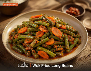 Wok Fried Long Beans, dried shrimp sambal, sliced carrots, wok tossed. Cuseho Local Delight buffet catering, Singapore