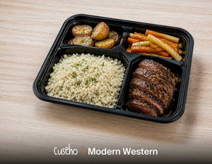 Modern Western bento box with sliced grilled beef, cauliflower rice, glazed carrot and parsnip and roasted baby potatoes. Cuseho Modern Western bento catering, Singapore