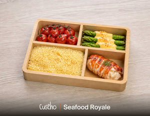 Seafood Royale bento in a wooden box with butter poached lobster tail, saffron pilaf rice, asparagus hollandaise and confit vine tomatoes. Cuseho Modern Western bento catering, Singapore