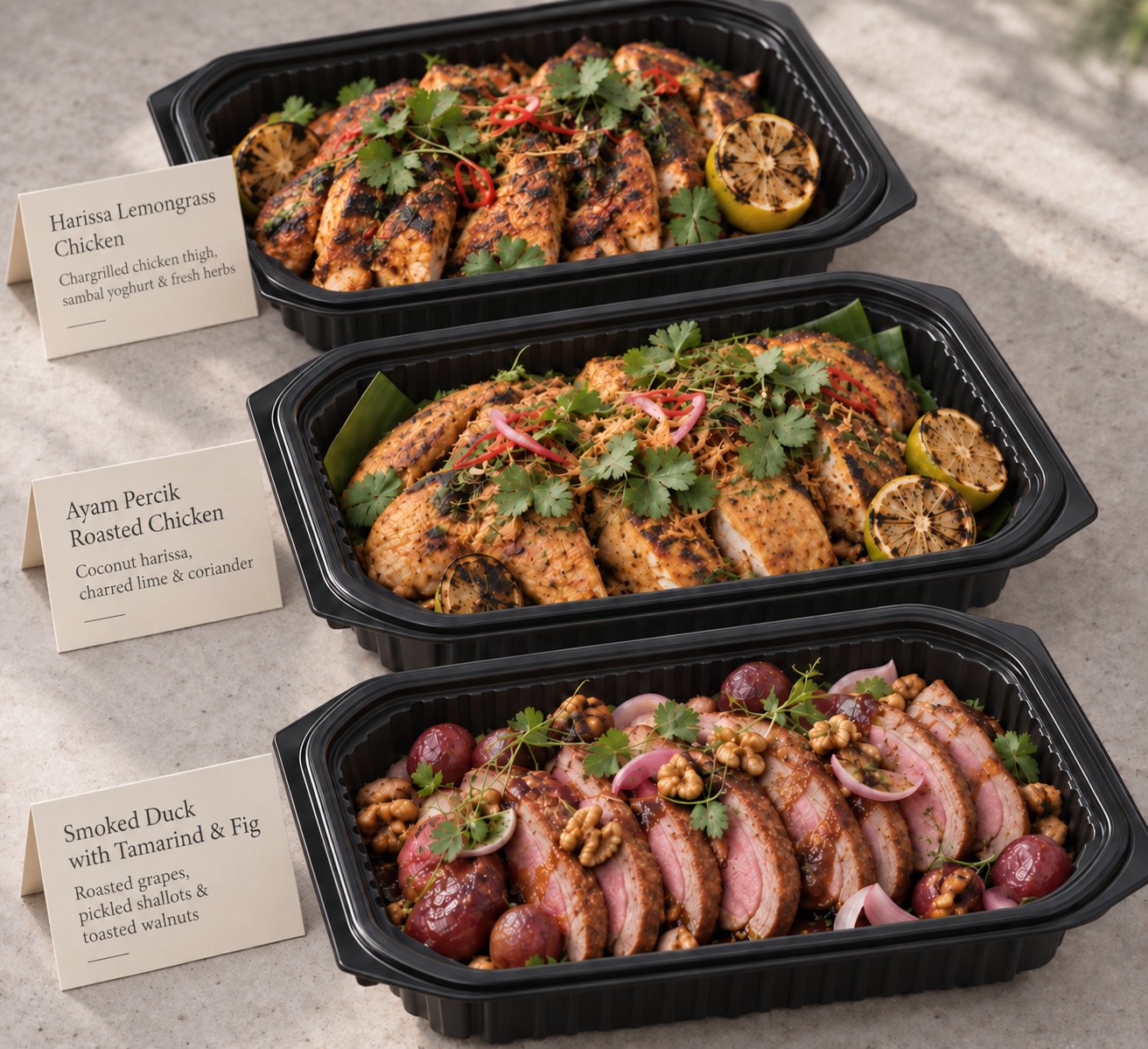 Cuseho From The Field mini buffet trays, labelled and ready to serve