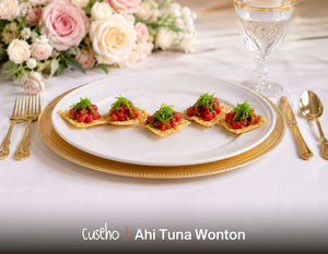 Ahi tuna tartare wonton crisps with seaweed and black sesame. Cuseho wedding and gala buffet catering, Singapore