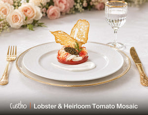 Lobster medallions on heirloom tomato with sturgeon caviar and saffron aioli. Cuseho wedding and gala buffet catering, Singapore