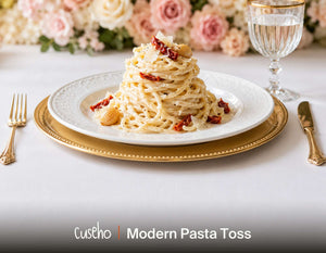 Parmesan cream pasta nest with sun dried tomato and roasted garlic. Cuseho wedding and gala buffet catering, Singapore