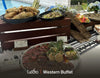 Poolside Western buffet spread with sliced wagyu ribeye, roasted garlic, grilled Japanese white corn and charred asparagus. Cuseho Western buffet catering, Singapore